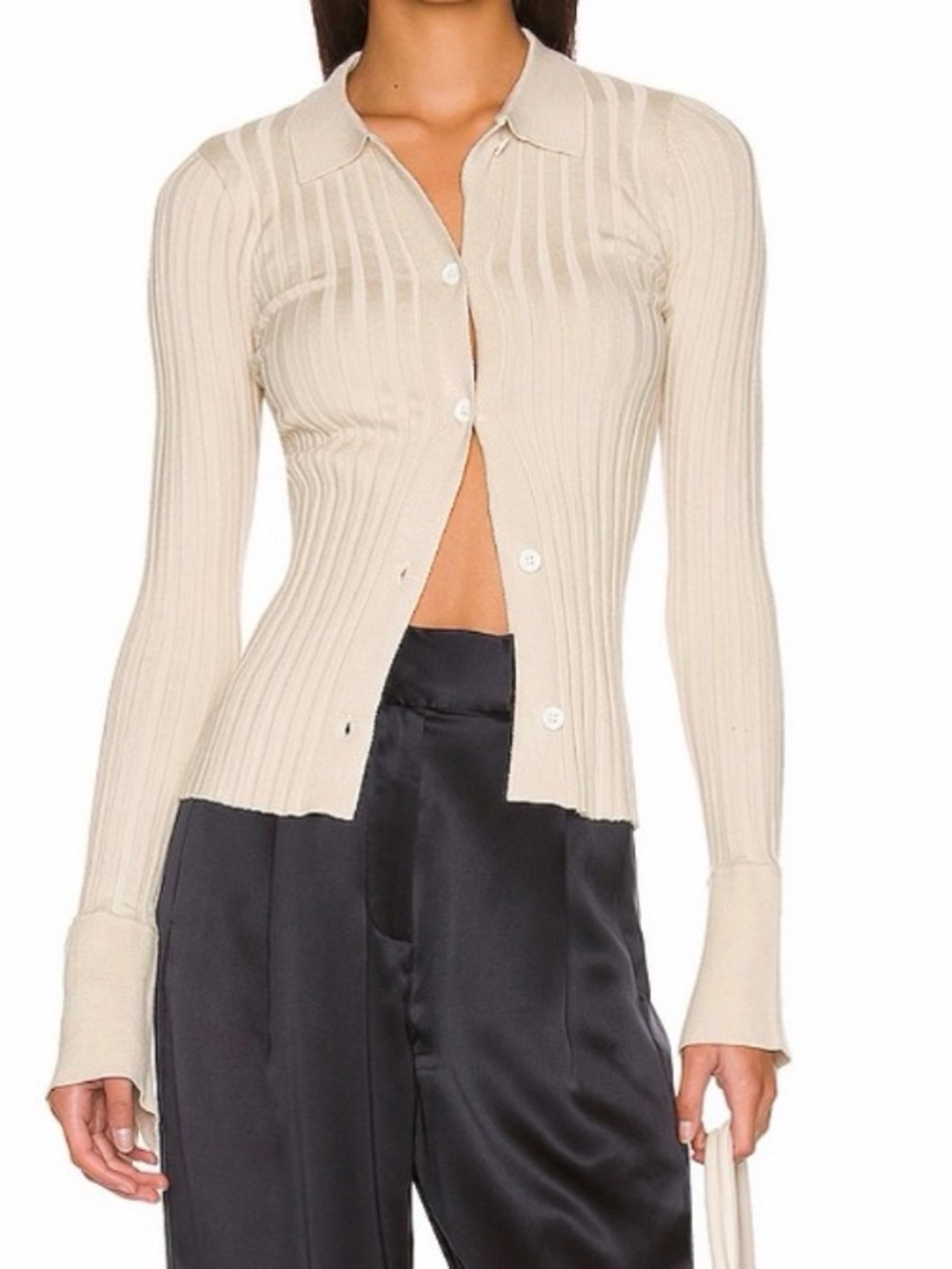 Ribbed Collared Button-Up Cardigan Sweater - Cream